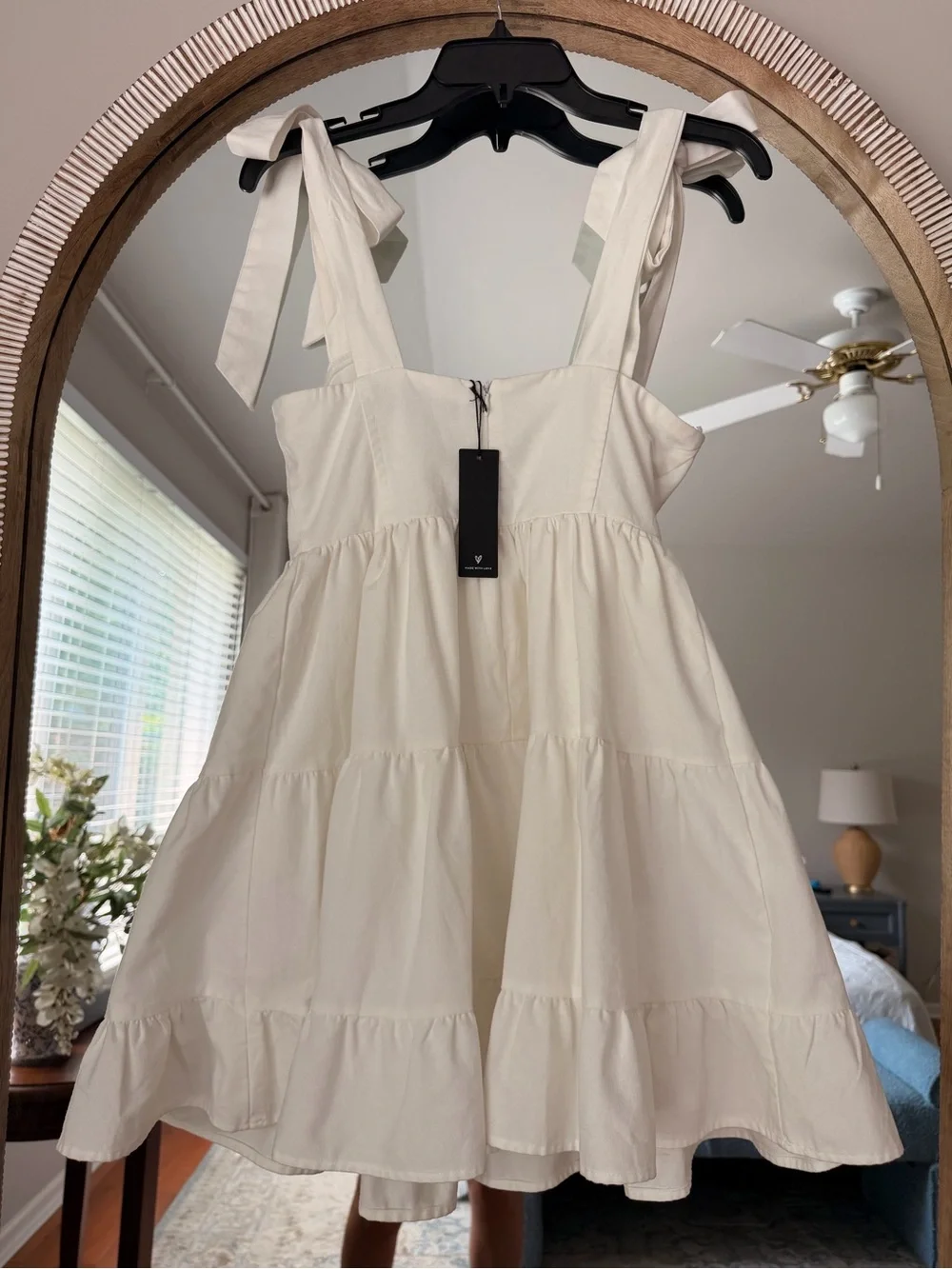 Lulus S  Linen Blend Tie Strap Corset Mini Dress Tiered White Bridal Cottagecore